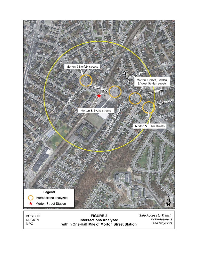 Figure 2 is an aerial photo that shows the locations of the intersections located within one-half mile of Morton Street Station that were analyzed for this study.